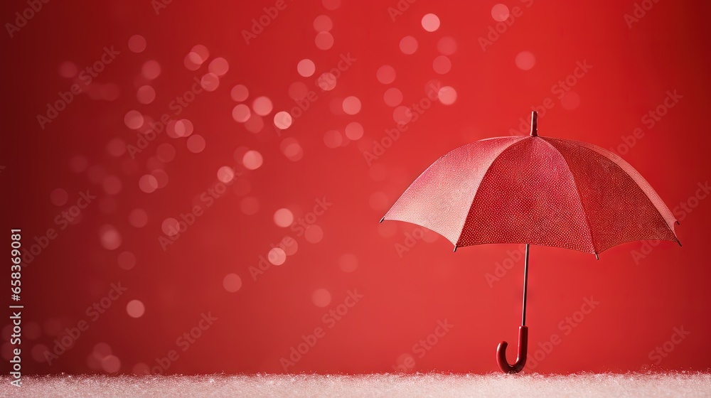  a red umbrella with a red background and white snow on the ground.  generative ai