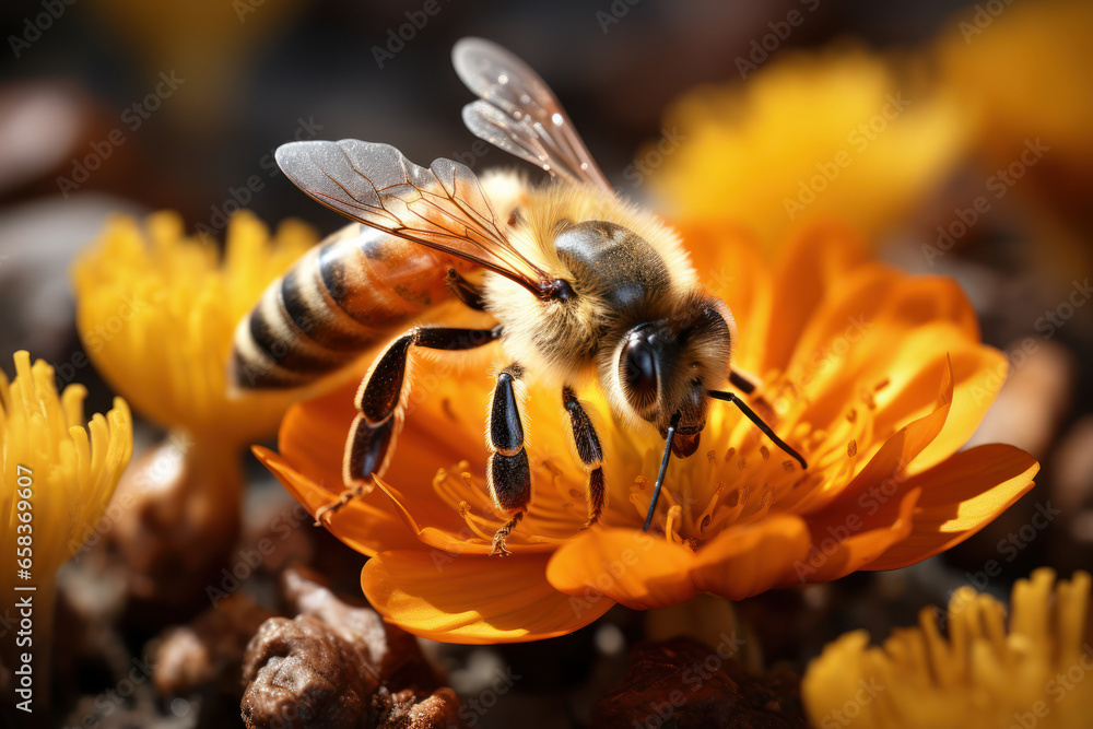 A bee pollinating a flower, illustrating the crucial role of pollinators in plant reproduction. Concept of pollination. Generative Ai. A bee pollinating a flower, illustrating the crucial role of pollinators in plant reproduction. Concept of pollination. Generative Ai.