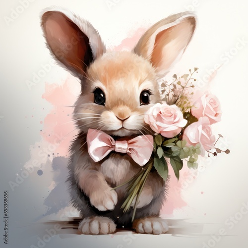 Cute little bunny boy with a bouquet of flowers close-up on a light background. 