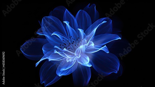  a blue flower with a black background in the middle of it.  generative ai
