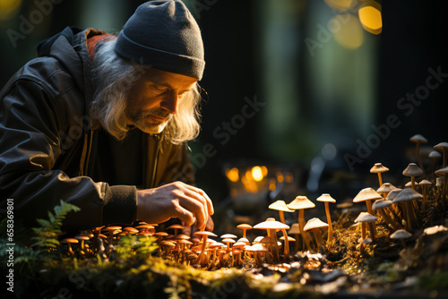 A mycologist identifying and classifying various species of fungi in a forest. Concept of mycology. Generative Ai.