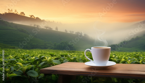 A cup of green tea against the backdrop of a beautiful landscape in China with hills and the rising sun. AI generated