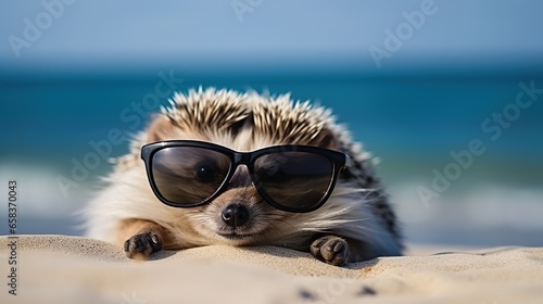 Hedgehog in sunglasses lying and relaxing on a sandy sea beach. Summer relaxation. Summer tourism concept. Illustration for cover, postcard, postcard, interior design, decor, invitations or print.
