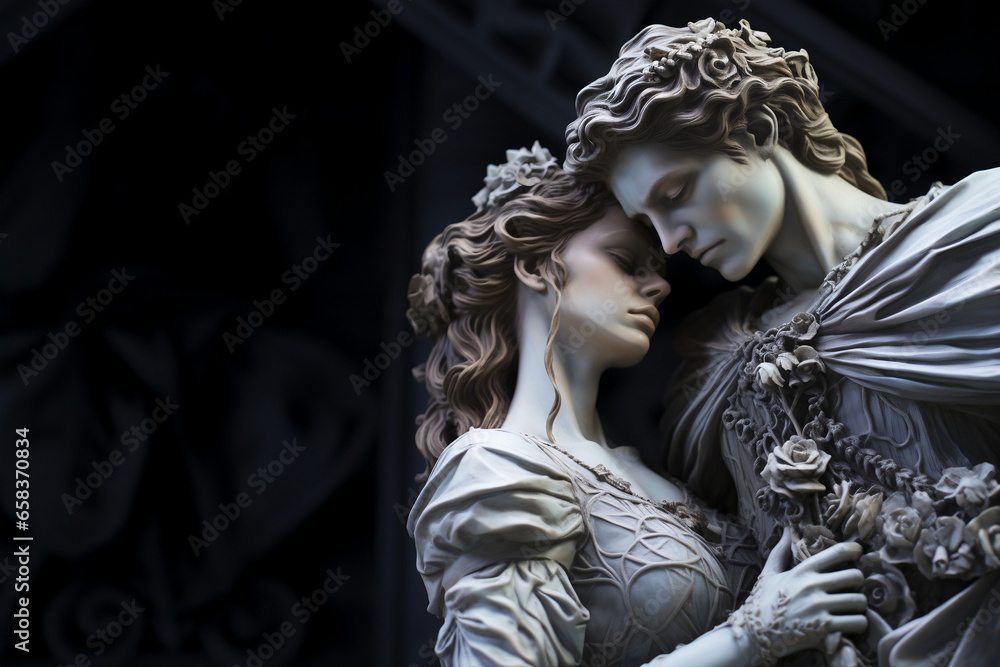 a statue of a couple embracing and holding each other closely on black background with copy space, Valentine's Day, symbolizing love and passion, anniversary, marriage