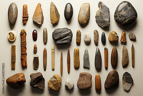 A collection of ancient stone tools, showcasing the technological advancements of early humans. Concept of Paleolithic archaeology. Generative Ai.