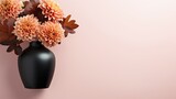  a black vase filled with pink flowers on a pink background.  generative ai