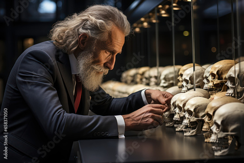 A physical anthropologist comparing the skulls of modern humans and ancient hominids. Concept of craniofacial analysis. Generative Ai.