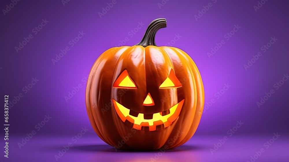 a halloween pumpkin with glowing eyes on a purple and purple background. generative ai a halloween pumpkin with glowing eyes on a purple and purple background. generative ai