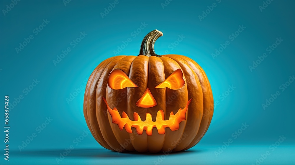 a carved pumpkin with glowing eyes on a blue background with a shadow. generative ai a carved pumpkin with glowing eyes on a blue background with a shadow. generative ai