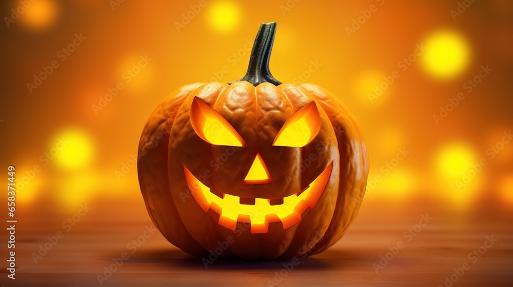 a carved jack o lantern on a wooden table with lights in the background. generative ai a carved jack o lantern on a wooden table with lights in the background. generative ai