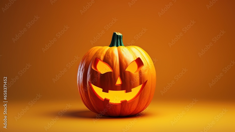 a carved pumpkin with glowing eyes on an orange background with a shadow. generative ai a carved pumpkin with glowing eyes on an orange background with a shadow. generative ai