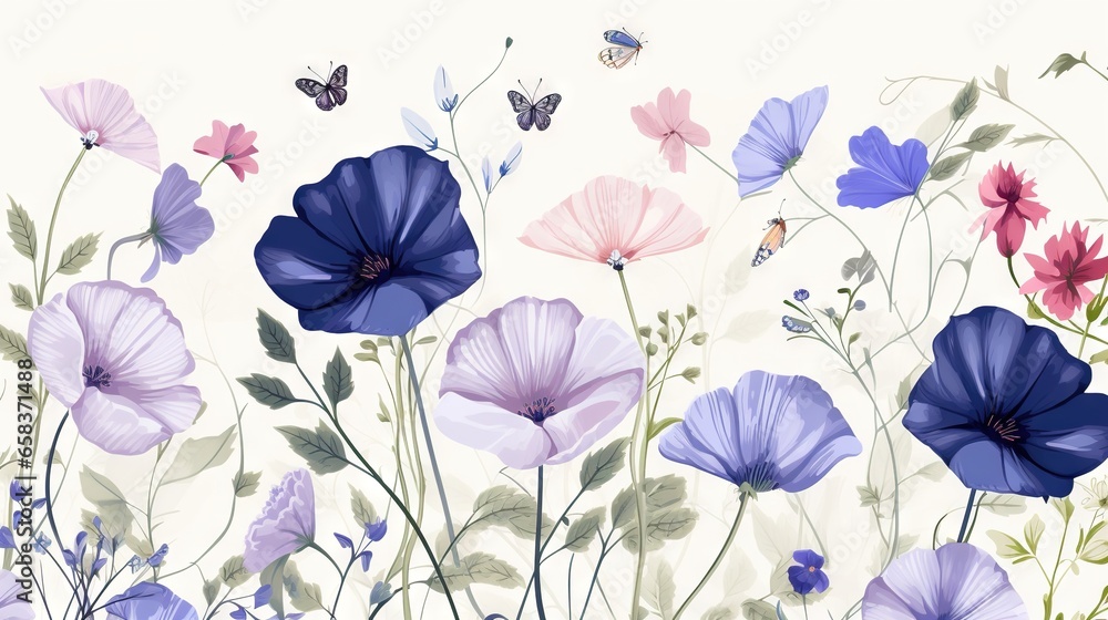  a painting of a bunch of flowers with butterflies flying around.  generative ai