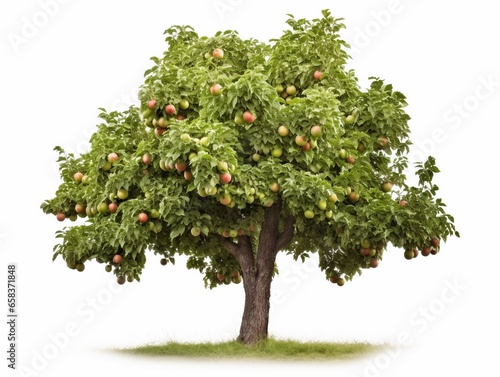 Apple tree with apples isolated on white, concept of harvest, agriculture and fruit gardening, pick up event. photo