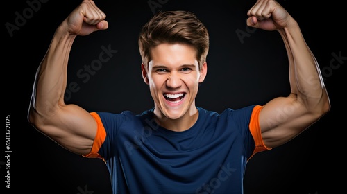 Young muscular bodybuilder guy demonstrates his muscles. Champion raising both hands in the air as a true winner. Victory and freedom. Strong man raising hands up. Leadership or workout concept.
