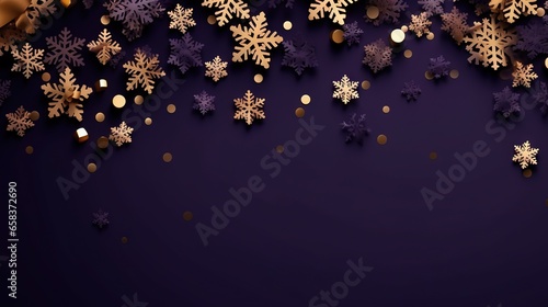  a purple background with gold snowflakes and confetti. generative ai