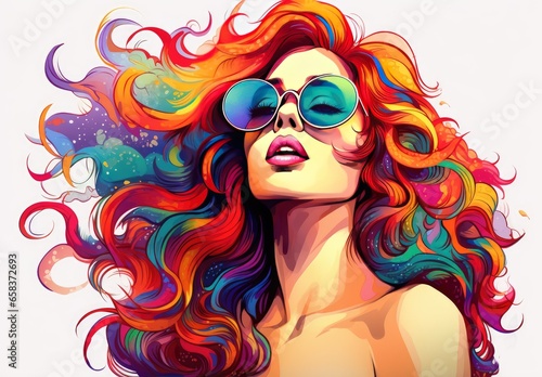 Beautiful young woman in sunglasses. Fashionable image of the model. The female image is drawn. Illustration for poster, cover, brochure, card, postcard, interior design or print.