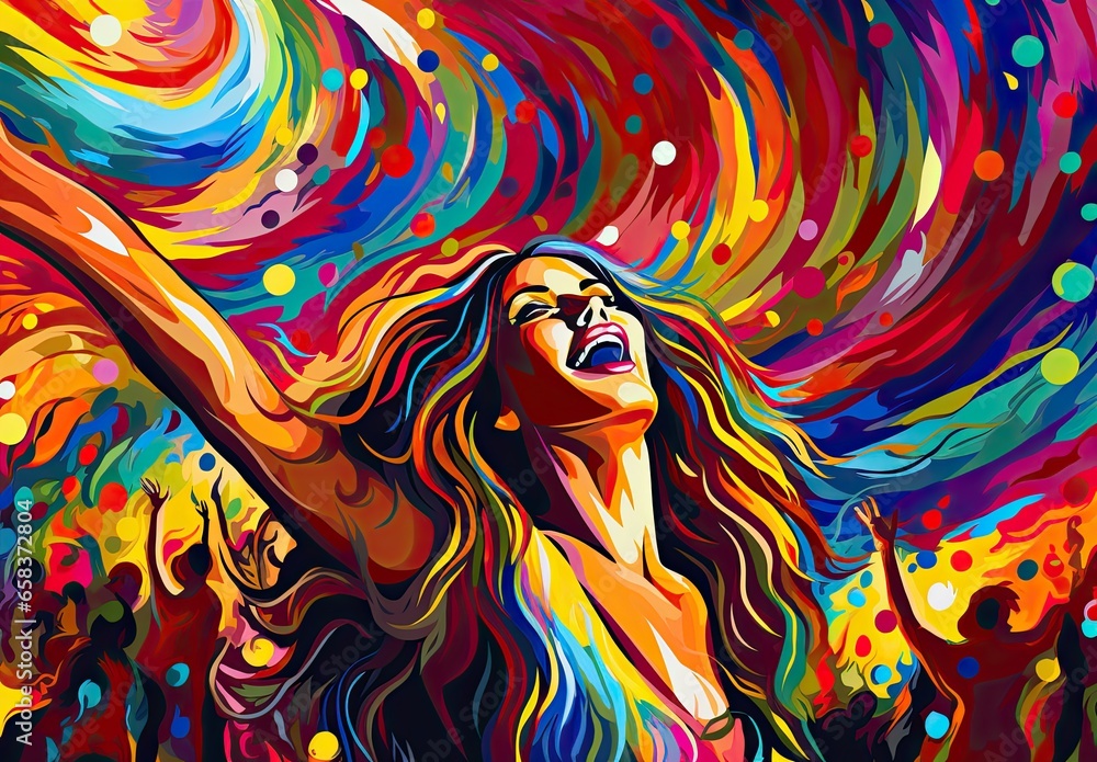 Portrait of a bright laughing young girl in colorful paint splatters. Concept of expressing bright joyful emotions. Energy of youth. Happiness. Illustration for cover, card, interior design or print. - obrazy, fototapety, plakaty 