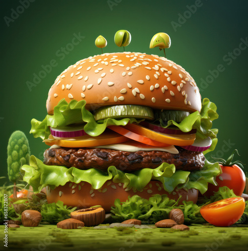 Hamburger with meat and vegetables on a dark background, generative AI




