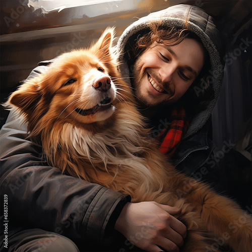 Portrait of a handsome young man hugging his dog. A man and a pet on a walk.