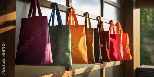 reusable cloth shopping bags hanging on hooks, bright colors, eco - friendly alternative message photo