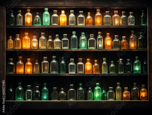 Wallpaper Mural vintage glass bottles, sorted by color, on rustic wooden shelves, indoor, lens, vintage mood, soft ambient lighting, monochromatic palette Torontodigital.ca