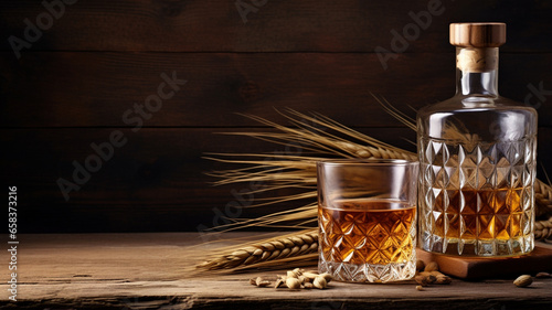 bottle of whiskey with glass and ears of wheat on the wooden table.