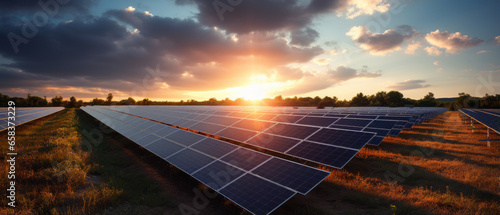 Beautiful field of photovoltaic big solar panels in countryside with in sunset.