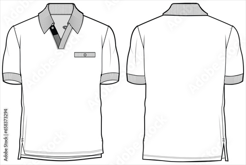 Men's polo collar T Shirt with Rib cuff flat sketch fashion illustration drawing template mock up with front and back view.