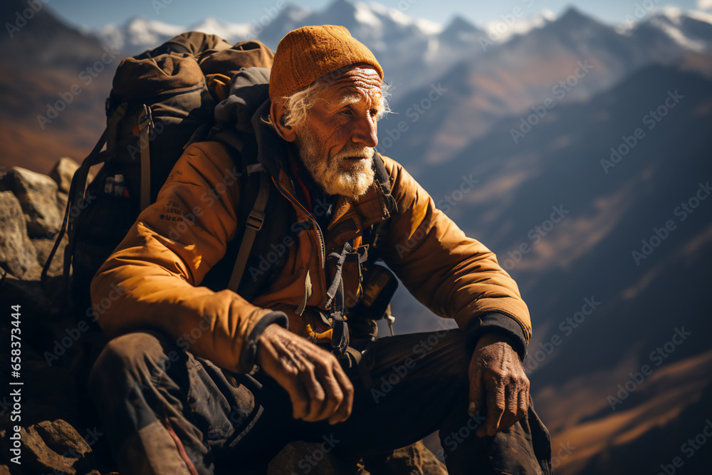 Portrait of senior man trekking on Mountain.
