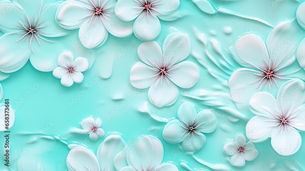 a blue background with white flowers and water droplets on it. generative ai a blue background with white flowers and water droplets on it. generative ai