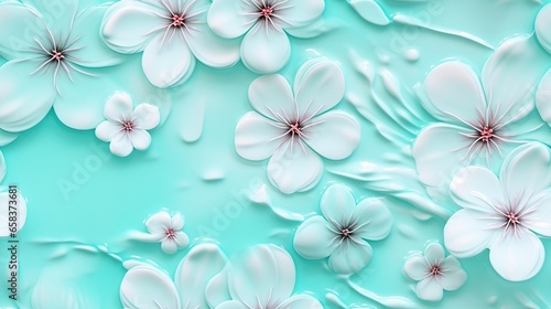 a blue background with white flowers and water droplets on it.  generative ai