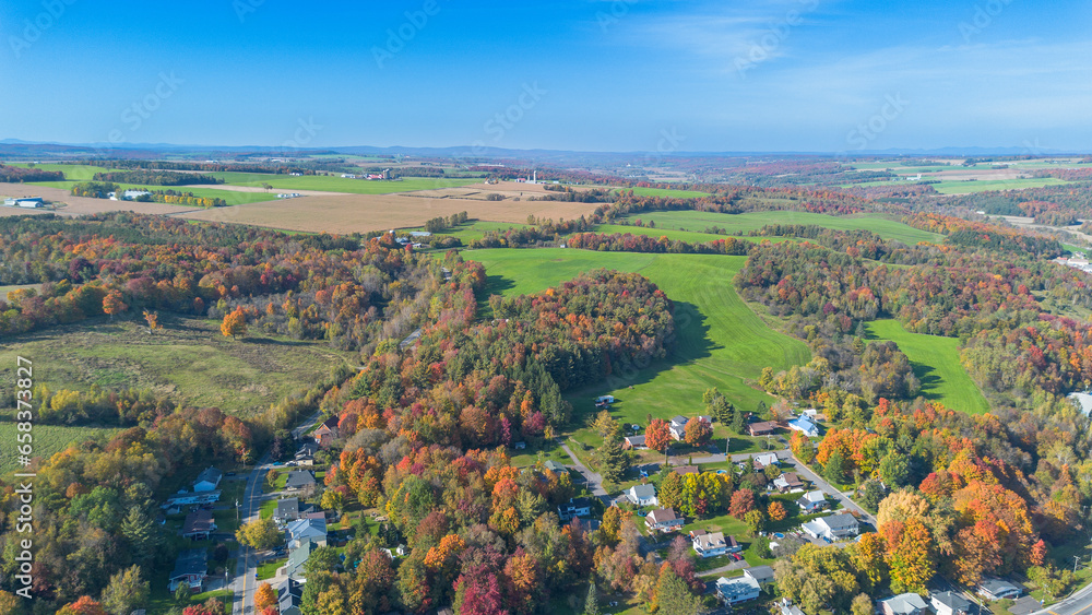 Aerial view of part of the Canadian countryside in Quebec in the fall