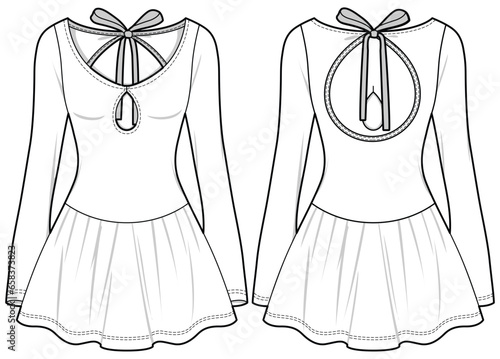 Women Long sleeve Skater dress design flat sketch fashion illustration with front and back view.