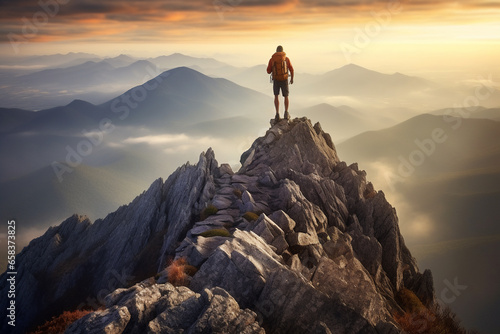 Hiker standing on top of a mountain and looking at the sunrise.