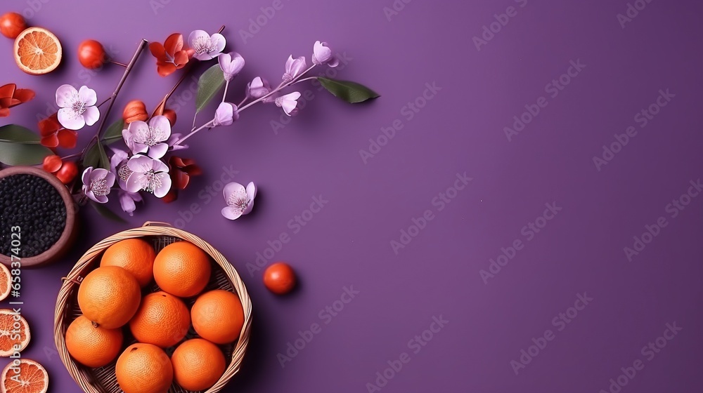 a bowl of oranges and a basket of grapefruits on a purple background. generative ai a bowl of oranges and a basket of grapefruits on a purple background. generative ai