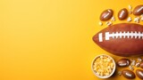  a football, bowl of macaroni and cheese, and a bowl of popcorn on a yellow background.  generative ai