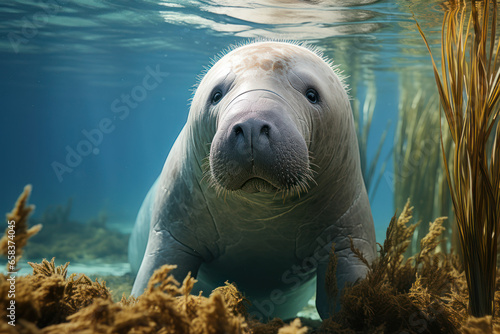 A curious dugong, a gentle marine mammal, gliding through the seagrass meadows of the Indian and Pacific Oceans. Generative Ai.