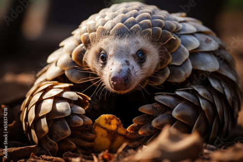 A charming pangolin, the world's most trafficked mammal, curling into a defensive ball in Africa or Asia. Generative Ai. photo