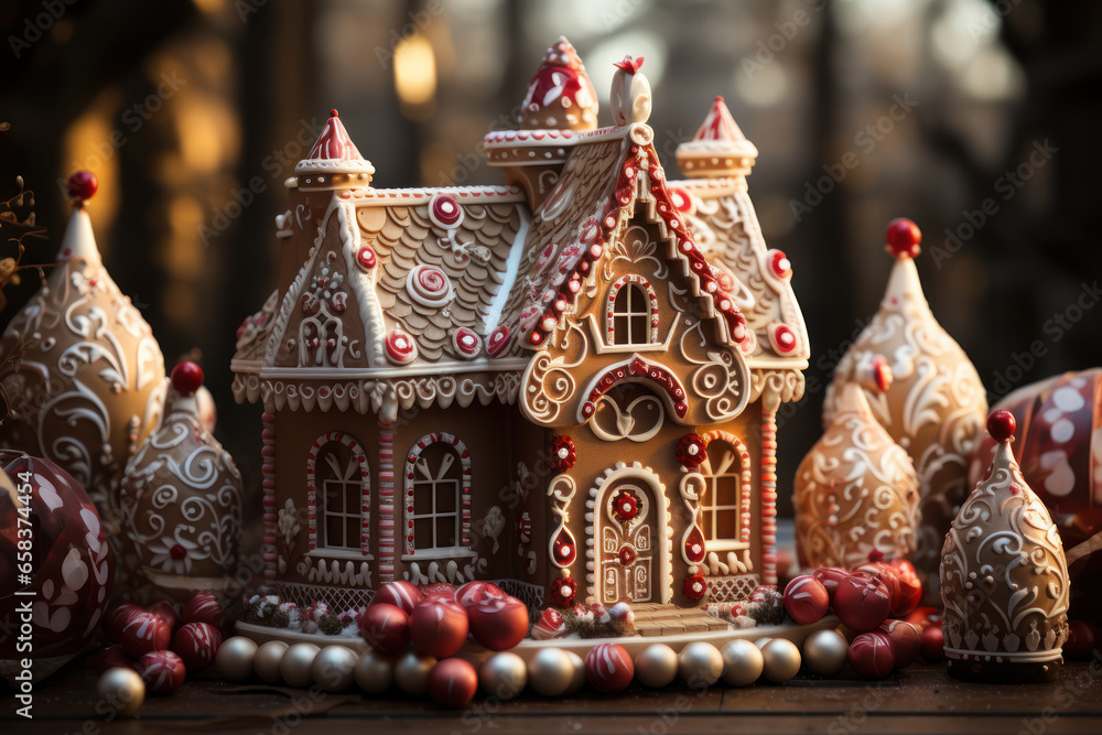 An intricate gingerbread house adorned with candy canes, gumdrops, and icing. Generative Ai.