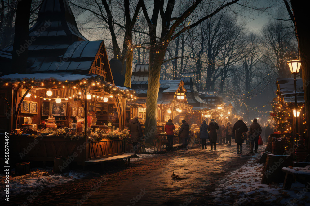 Naklejka premium The twinkling lights of a small town's Christmas market, with stalls selling handmade ornaments and gifts. Generative Ai.