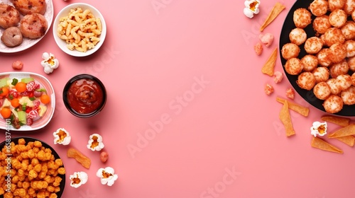  a pink background with bowls of food and snacks on it. generative ai