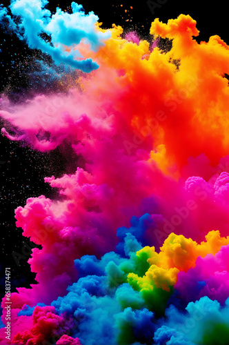  A vibrant plume of colorful smoke contrasts sharply against a deep, black backdrop.