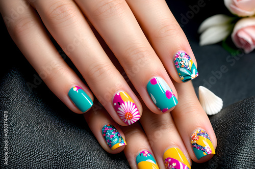  a woman's hand with colorful nails and flowers.
