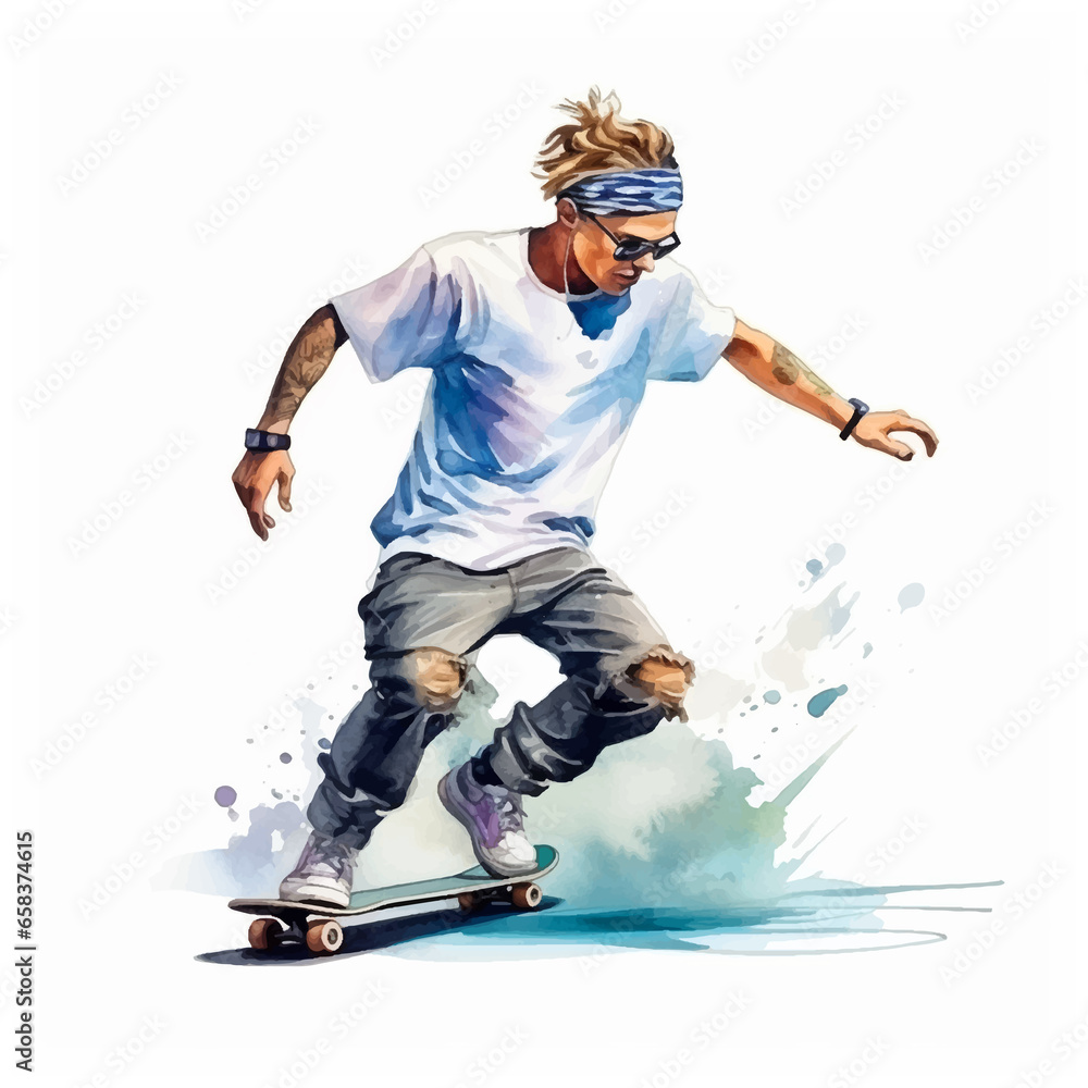 Skateboarding freestyle watercolor painted ilustration