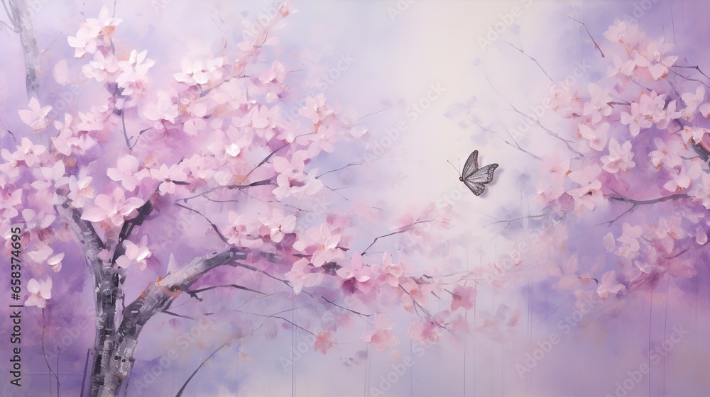  a painting of a tree with a butterfly flying over it.  generative ai