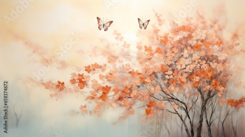 a painting of a tree with two butterflies flying over it.  generative ai © Nadia