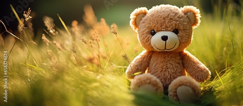 Sunny summer day with eco friendly handmade toy bear on grass © AkuAku