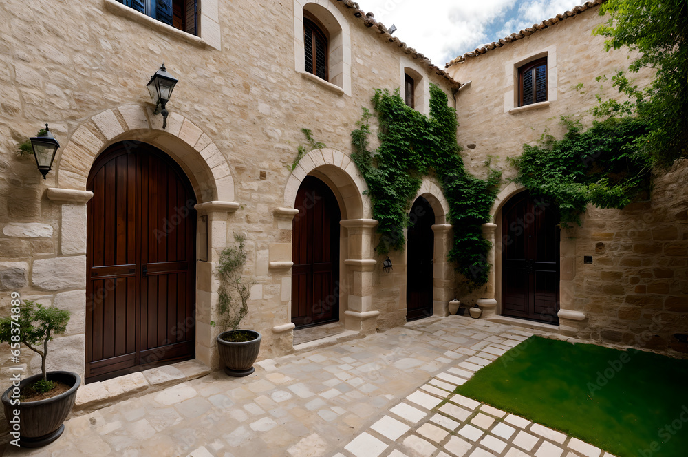 A stone-walled courtyard featuring entrances with rustic wooden doors.