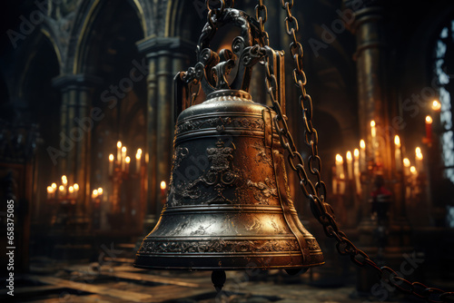 The church bell, hanging high in the bell tower, tolling to call worshipers to service. Generative Ai.