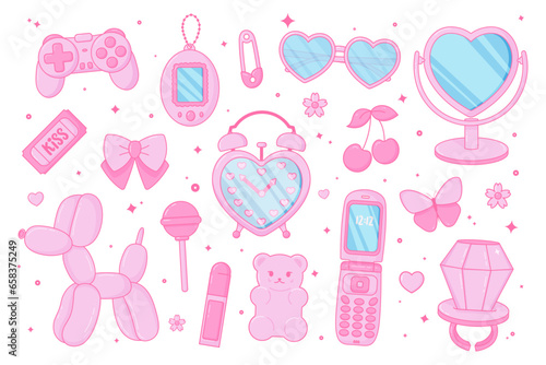 Cute kawaii glamour set. Pink women's accessories. Teenage girly style. Nostalgic pinkcore 2000s style. Lipstick, glasses, ticket, lollipop ring, jelly bears gummy, flip phone. photo